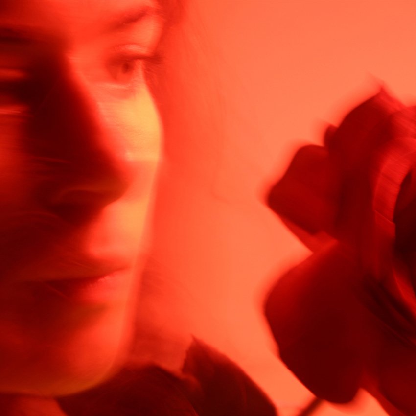 red rose being reflected in a woman's face