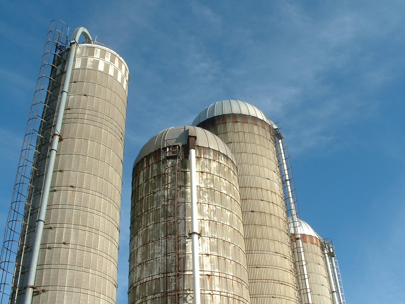 an industrial grain storage building with large metal silos