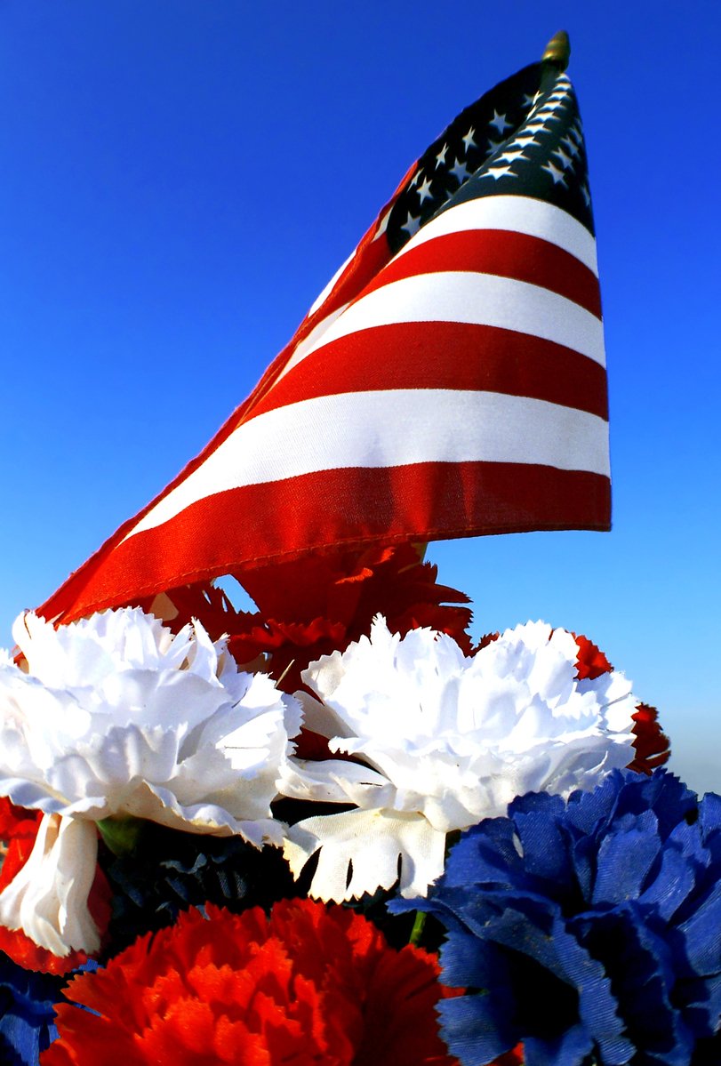 a small american flag next to carnations