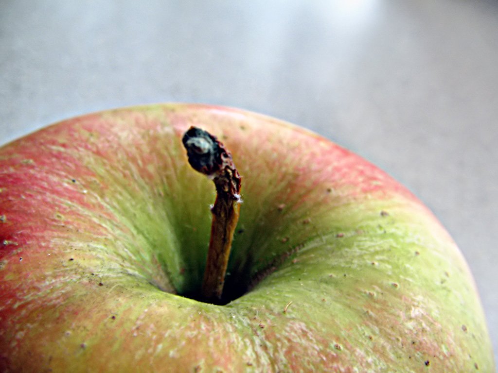 the fruit is green and red and is partially eaten