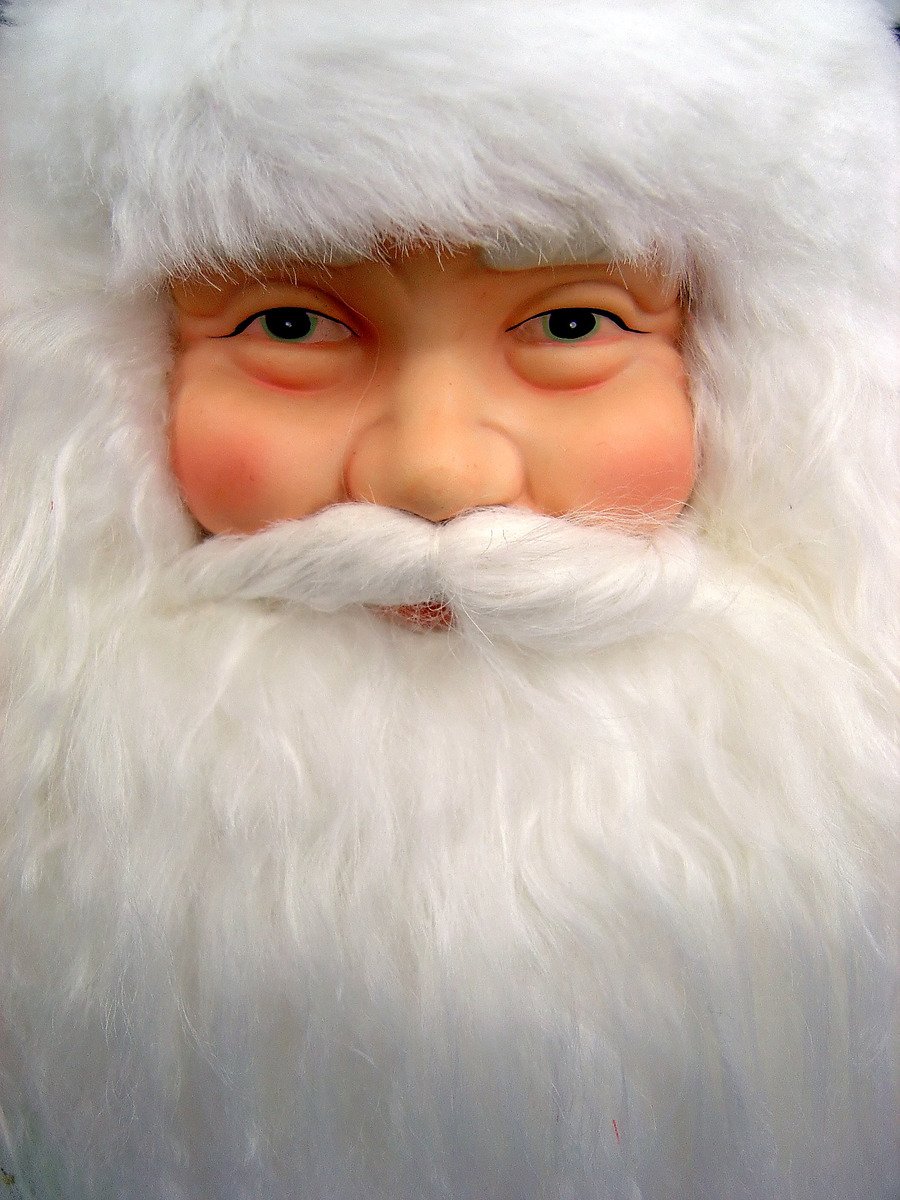 the head of a santa with long, white hair and a beard