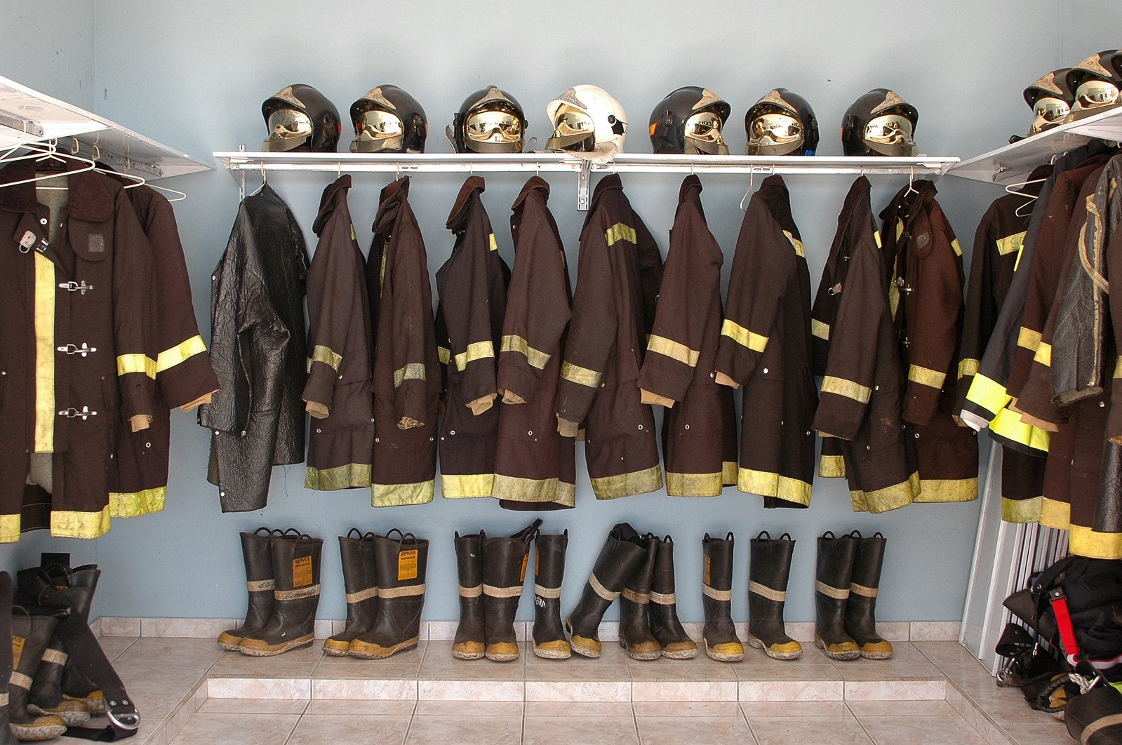 firefighter's and police boots, hats and hoods