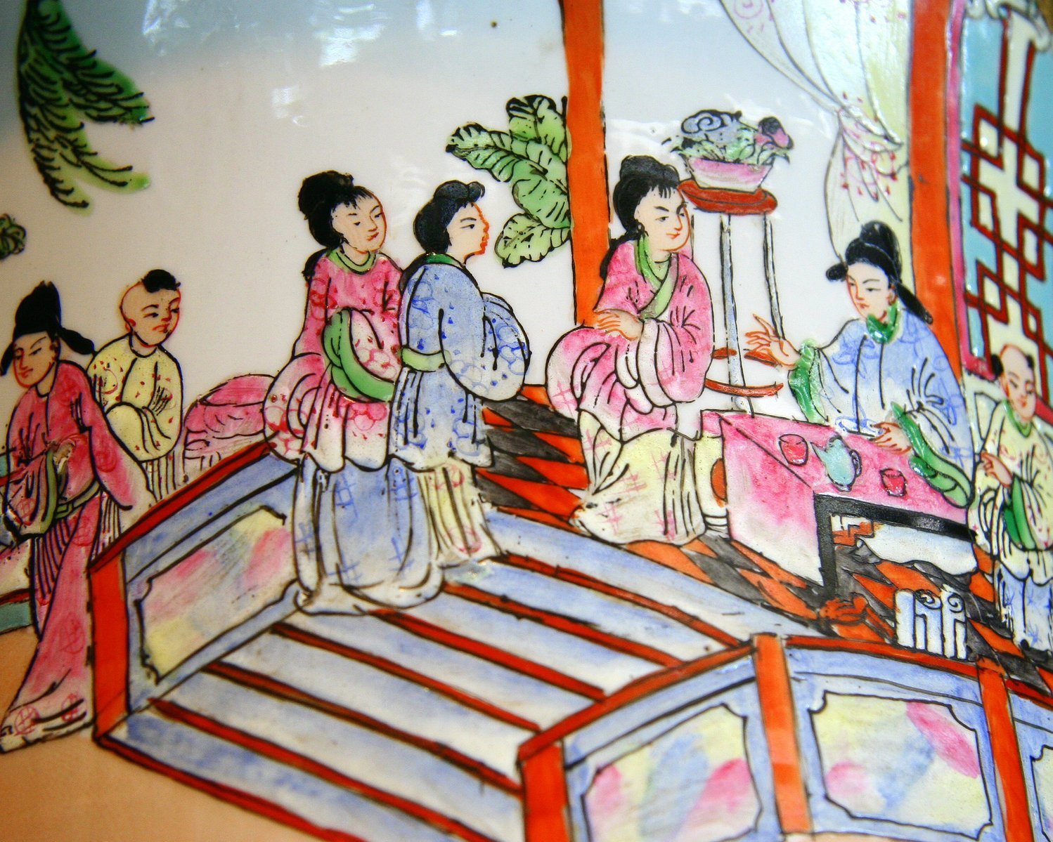 the oriental painting shows many people in the background