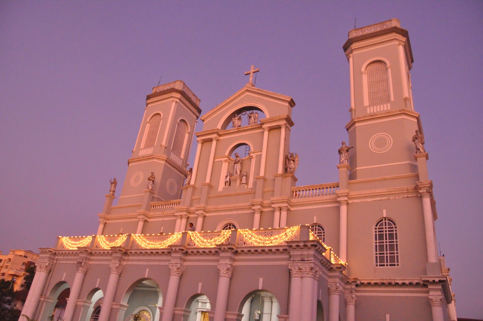 the church is lighted at night with bright lights