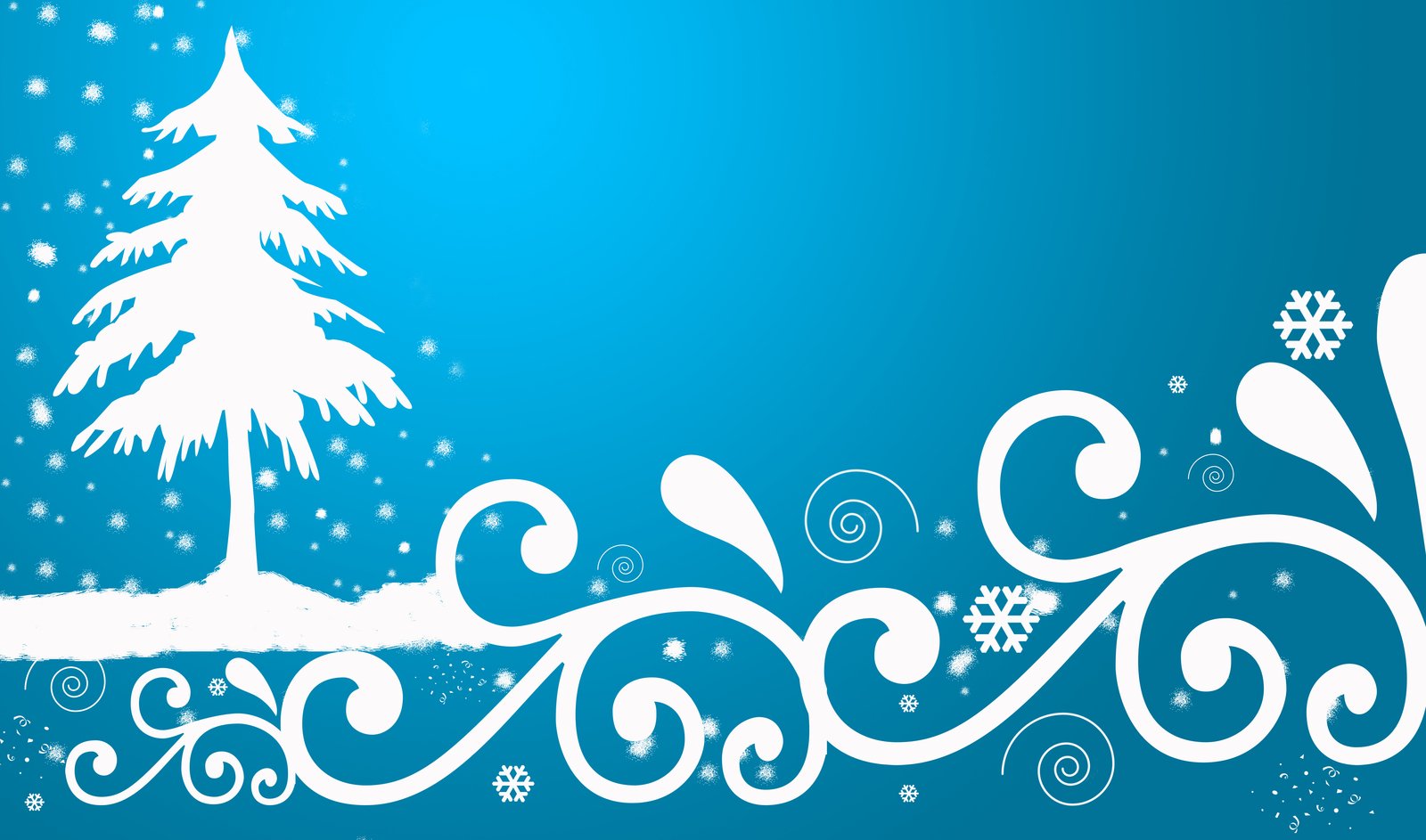 a blue winter background with white snowflakes and trees