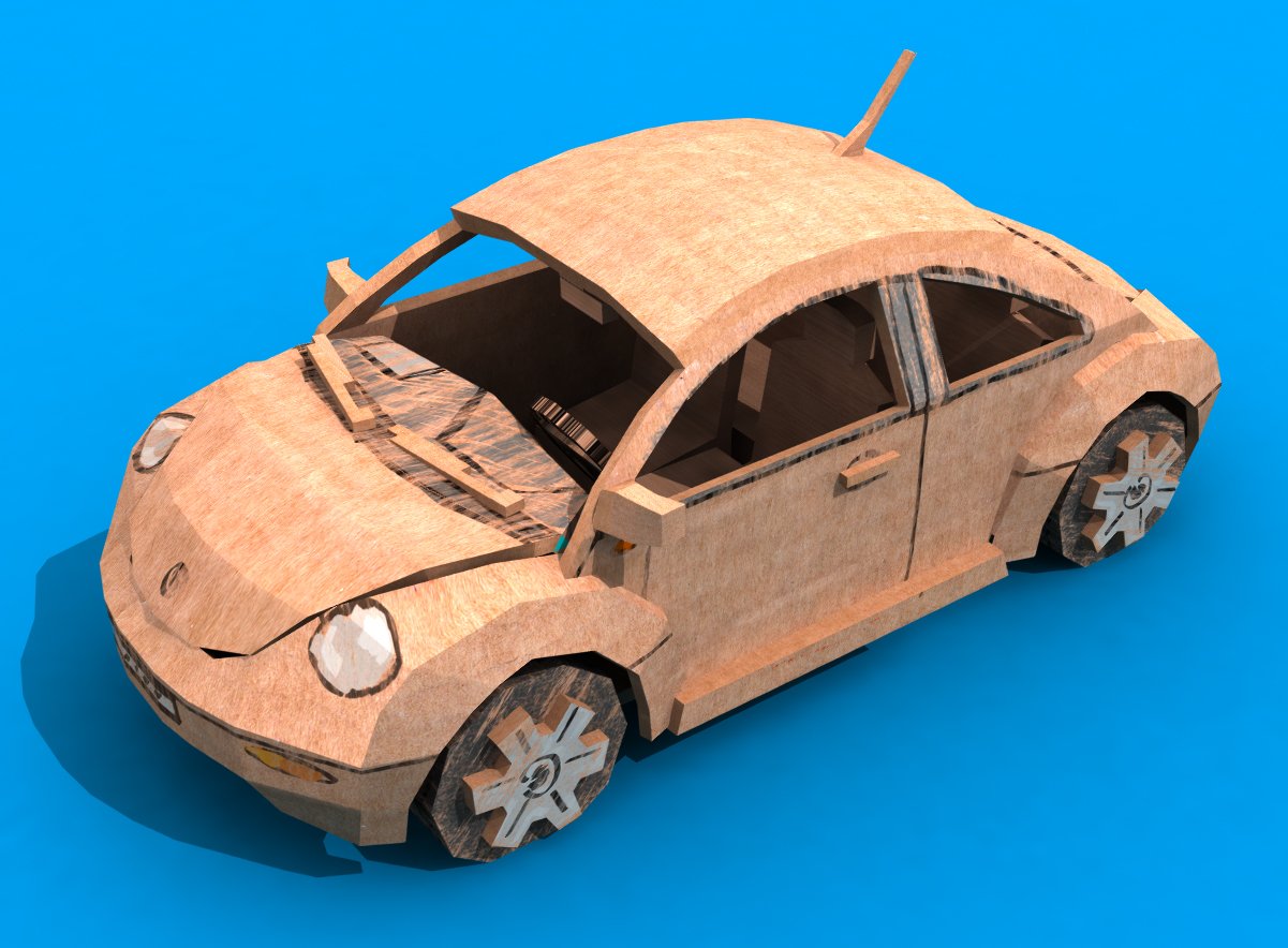 a wooden car with a hood up
