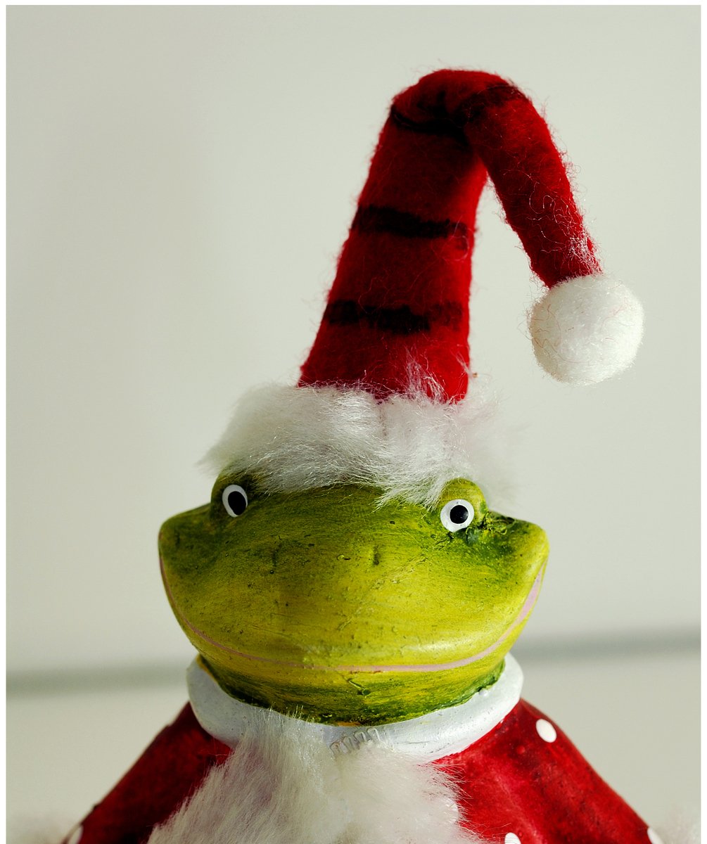 this is a very cute green frog wearing a red hat