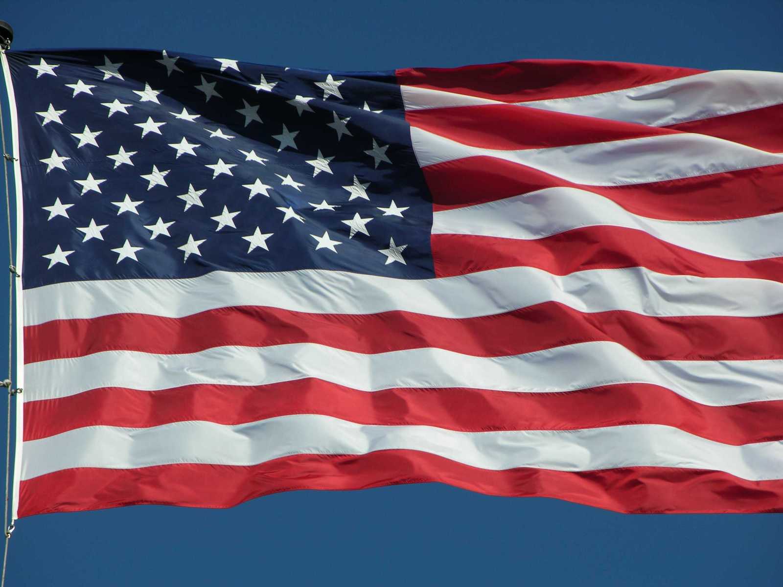 a flag with a tall building in the background