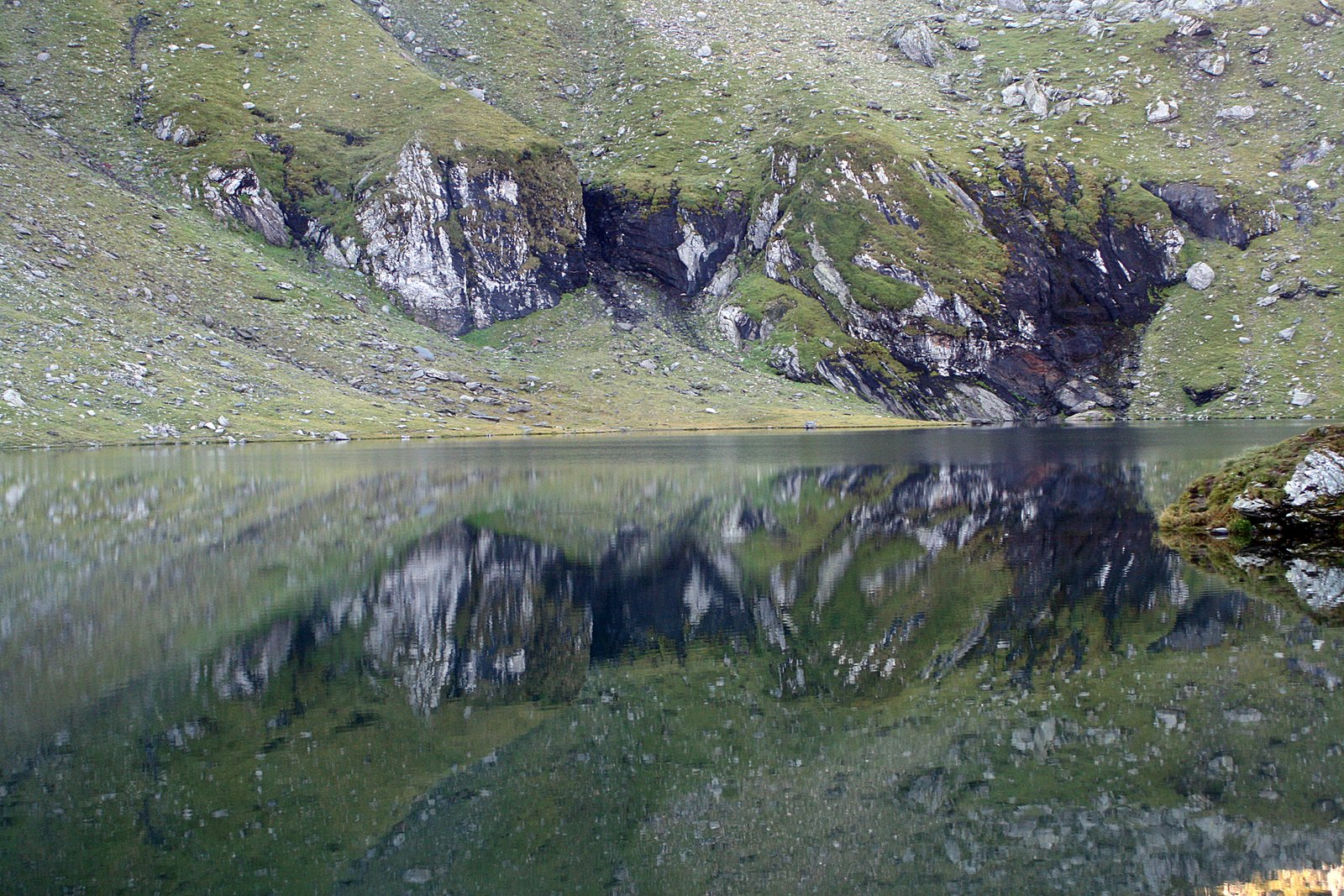 a lake in the middle of green mountain land