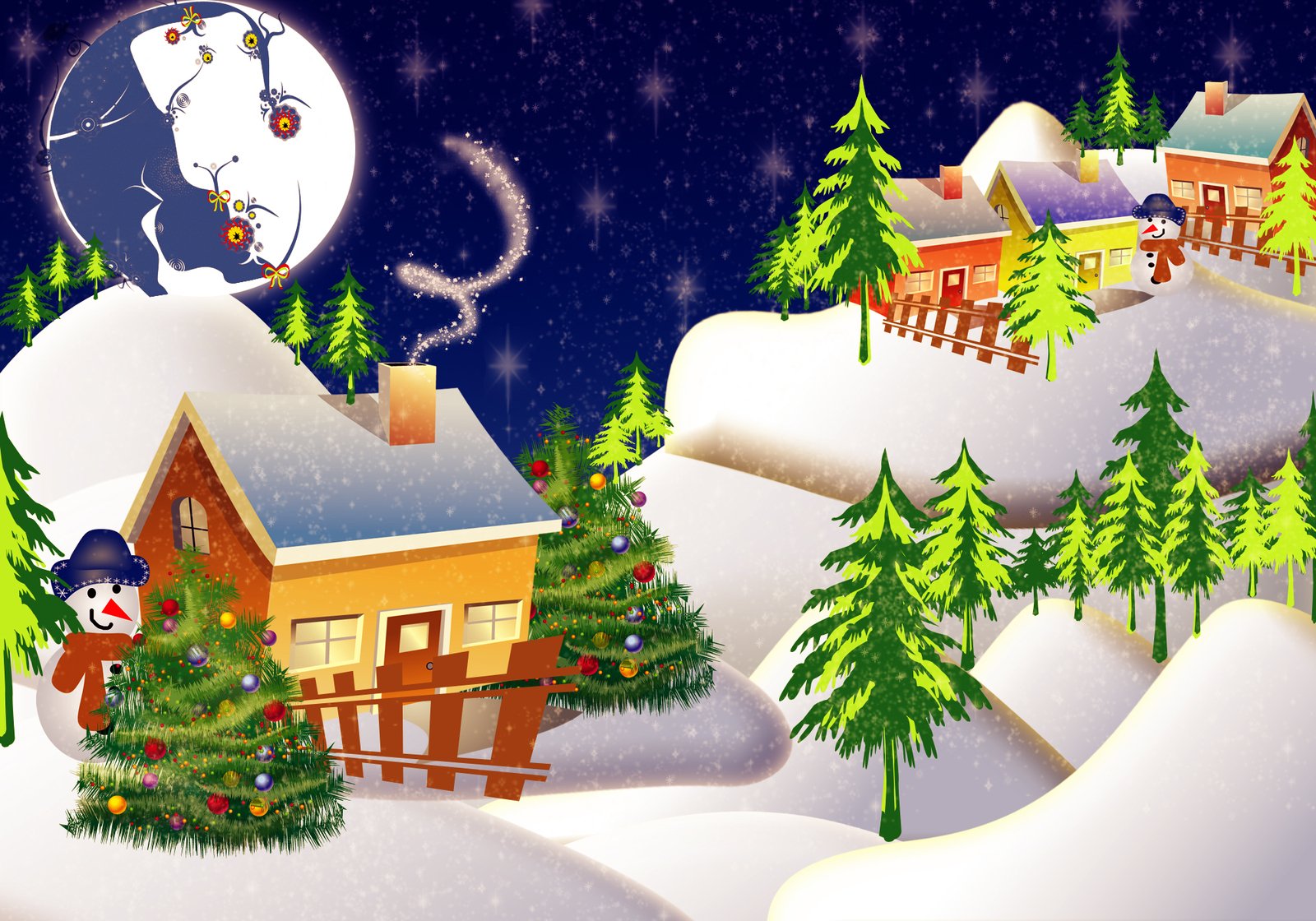 a christmas scene with santa clause and snowman