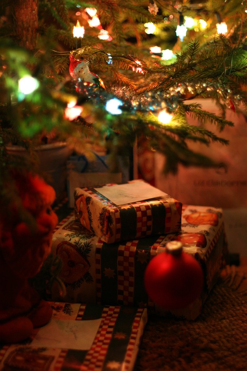 there is a very small christmas tree and two presents