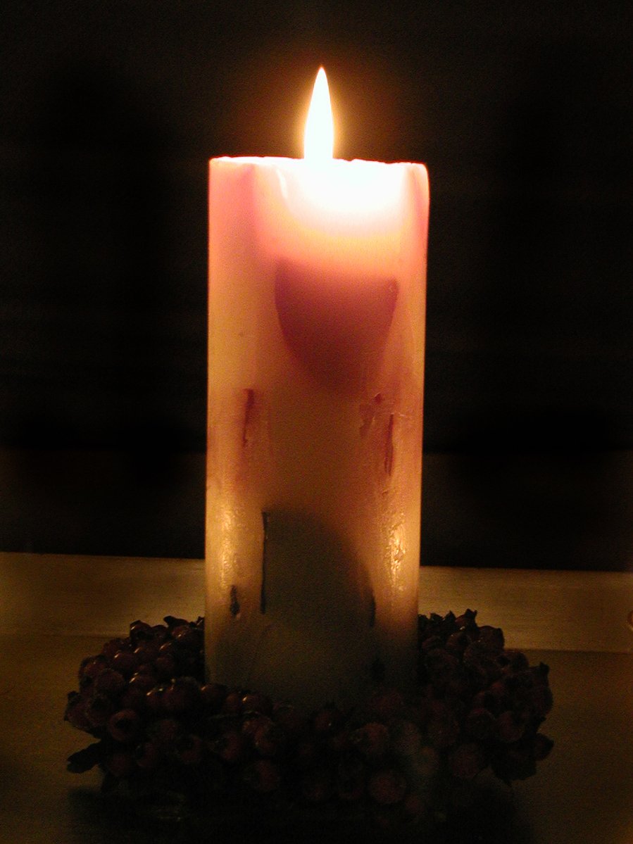 a close up of a lit candle near some flowers