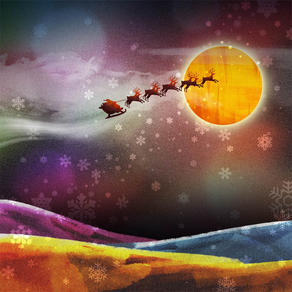 a colorful, artistic painting of santas sleigh flying through the sky