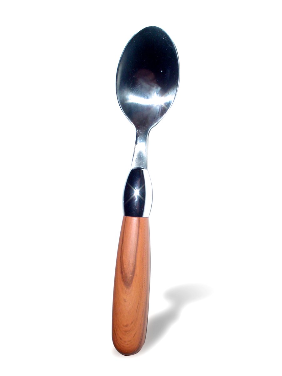 a spoon with a black handle and wood handle