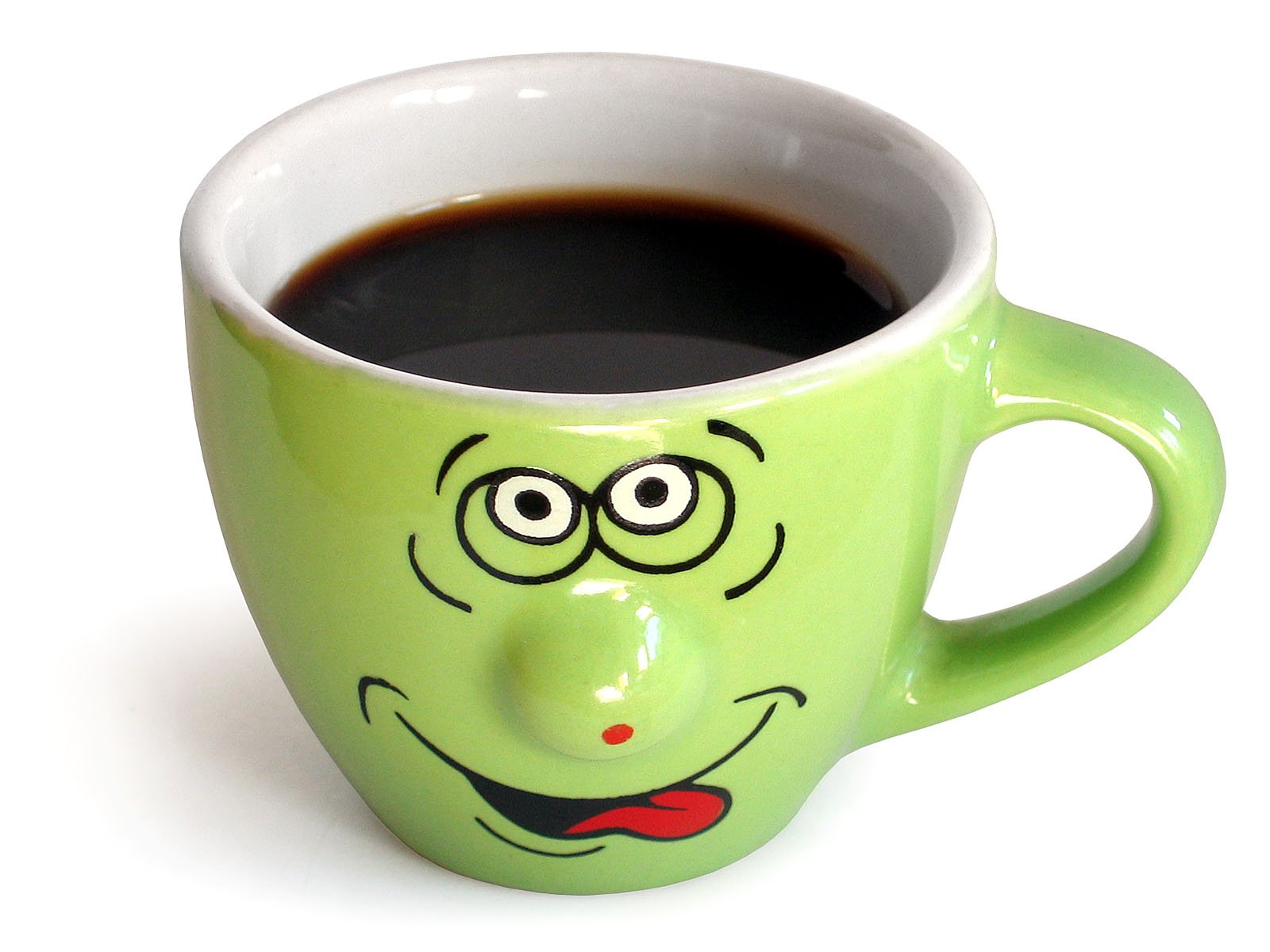 the mug is filled with black coffee and has an animated face
