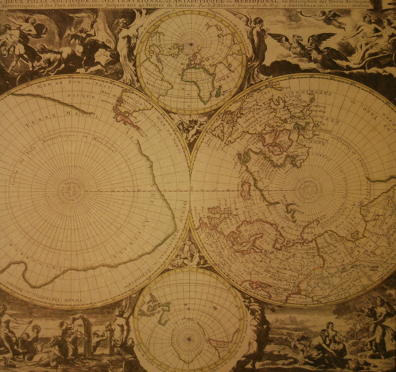 this antique world map has six panels that have been engraved in