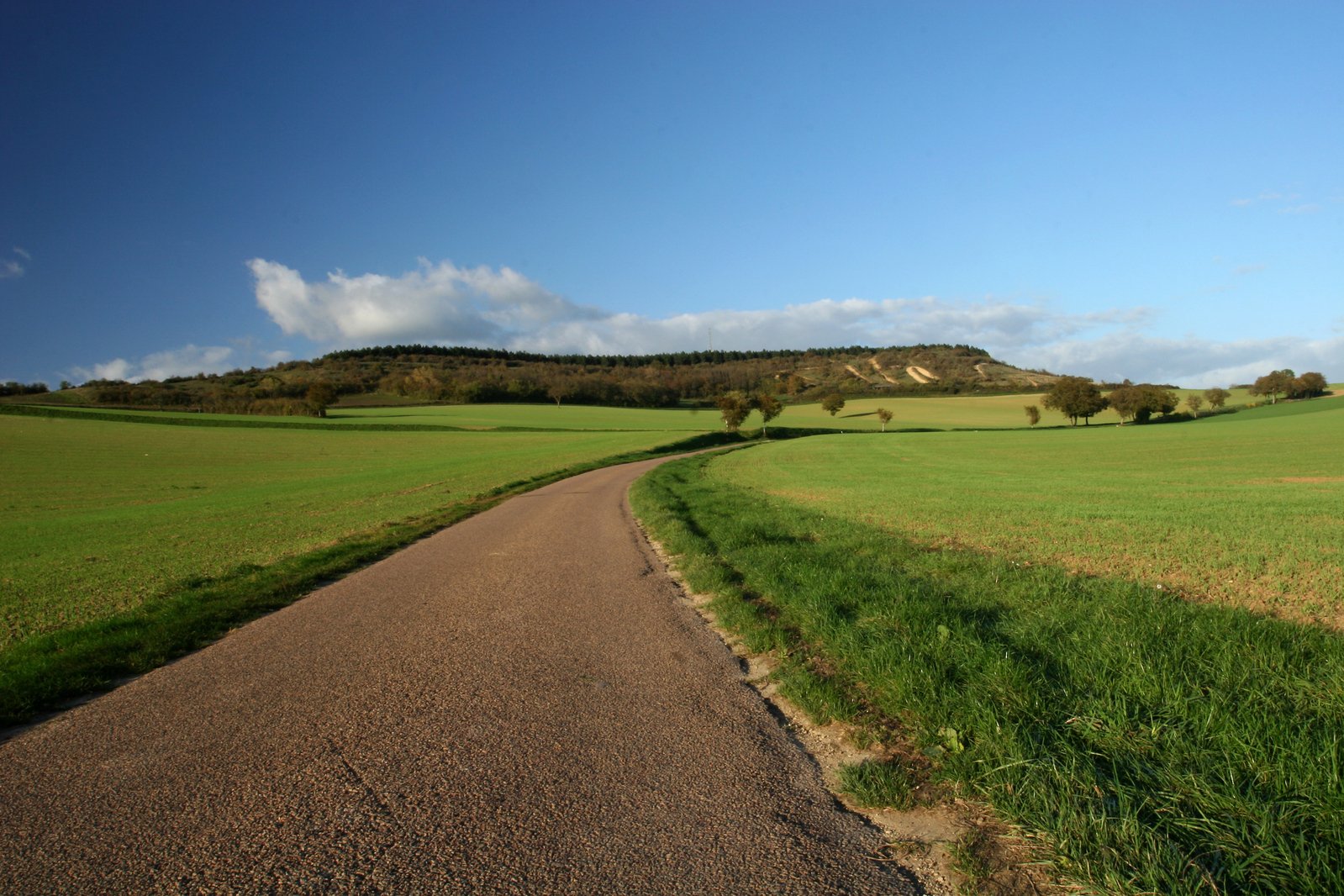 a road running through an open green countryside