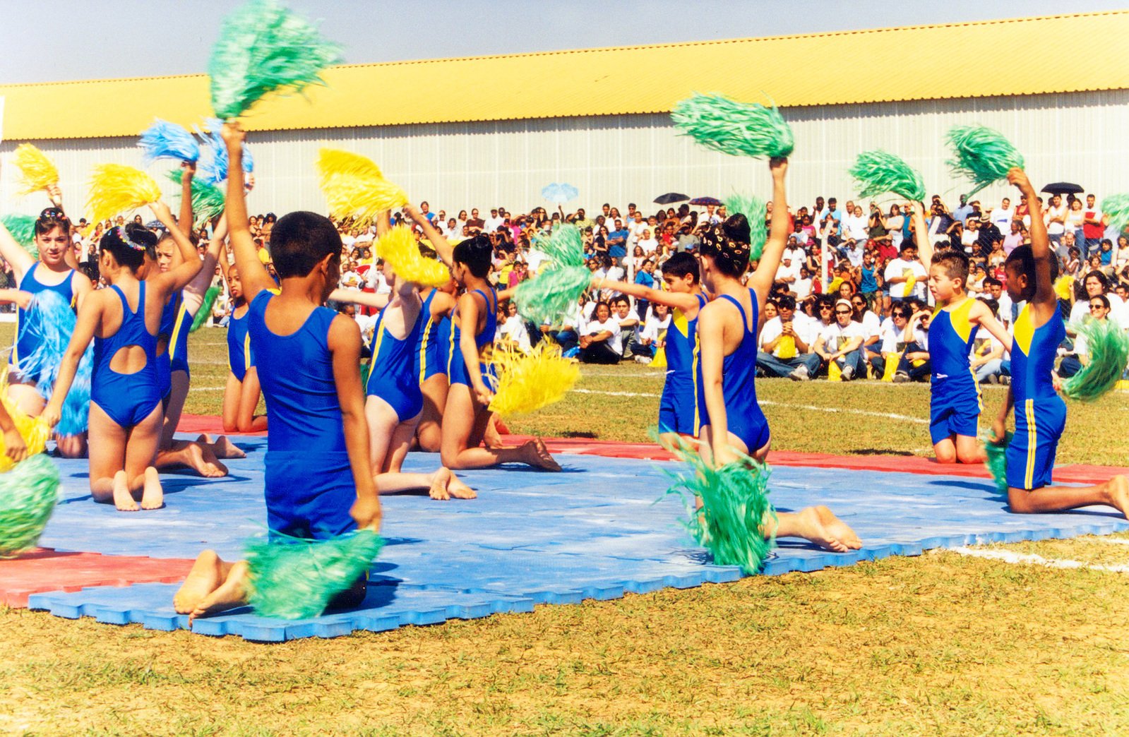 many people in blue costumes and pom poms performing with a crowd watching