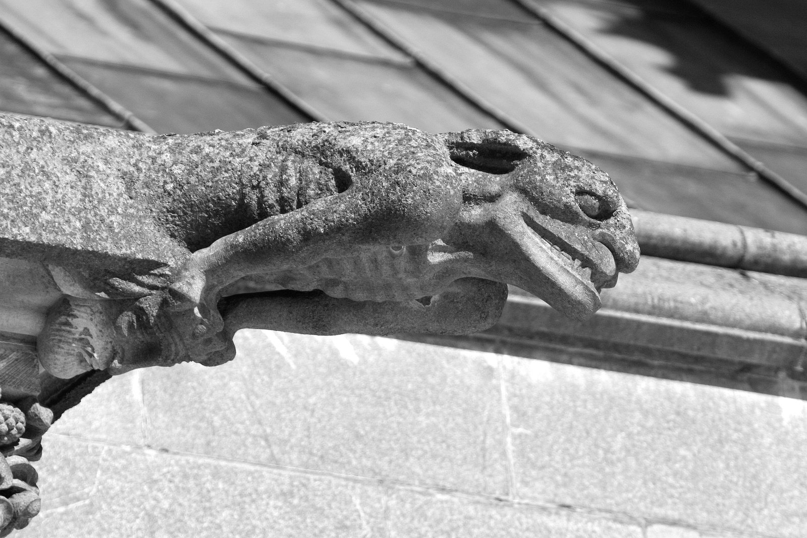 an old gargoyle gargon on a stone wall