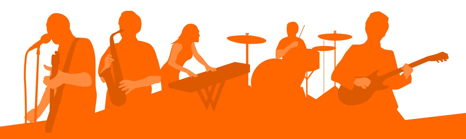 a silhouette of people with music instruments standing on a hill