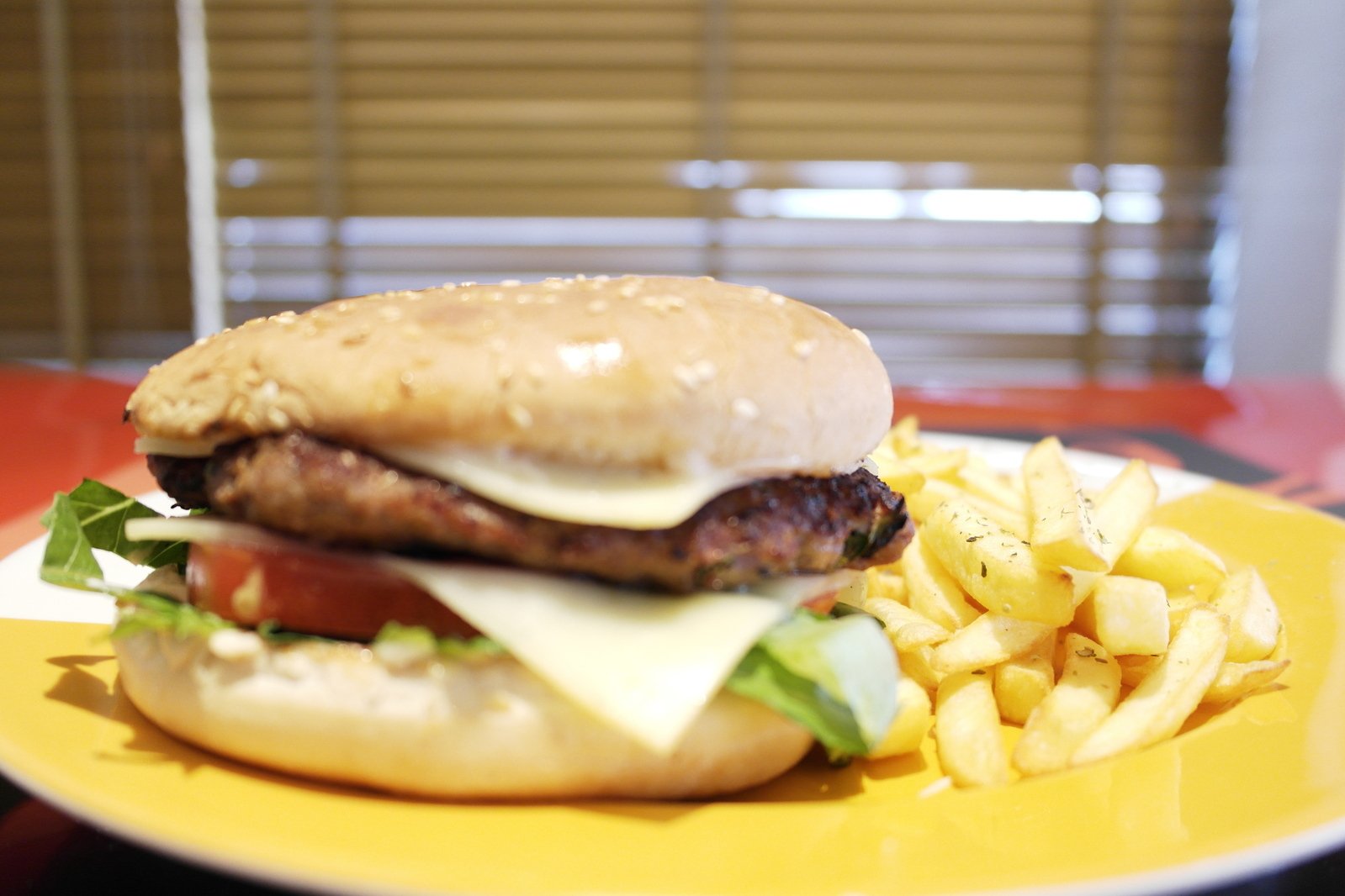 a hamburger on a bun with a pile of fries