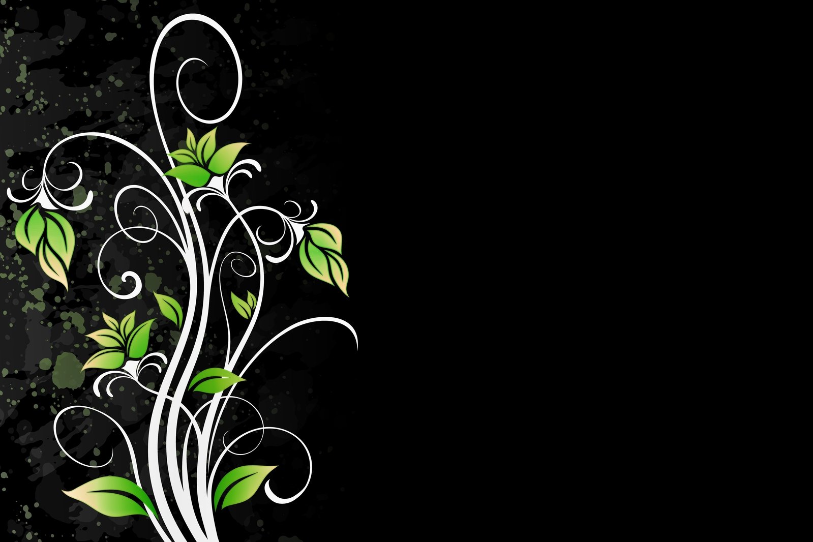 a black background with leaves and swirls on it