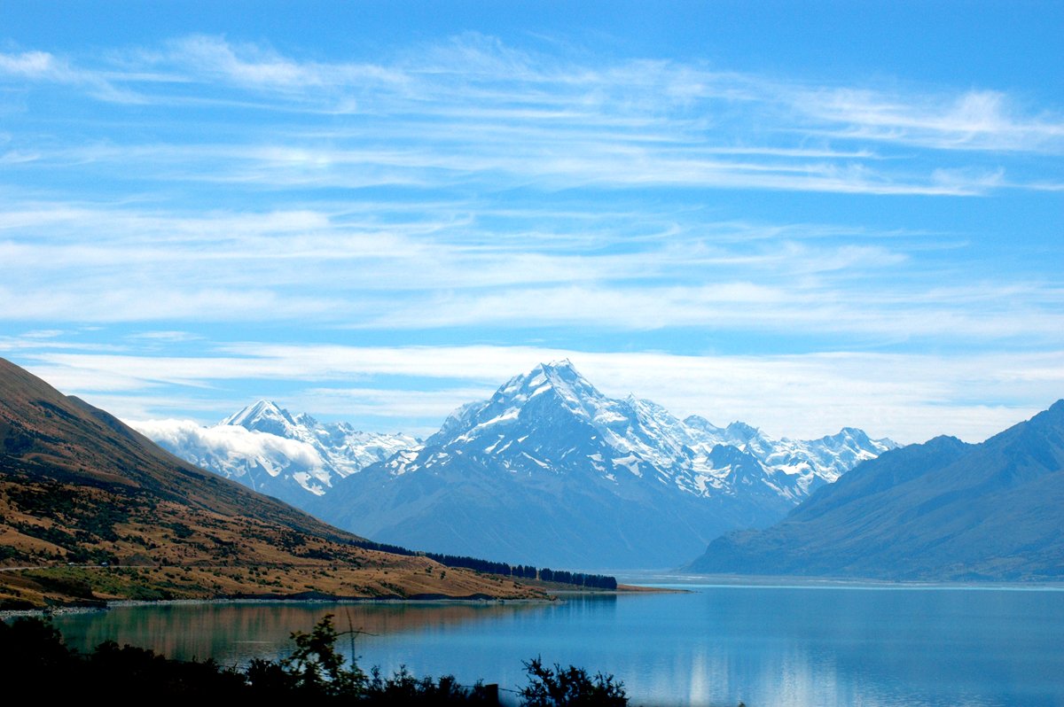 a large body of water sitting between two mountains