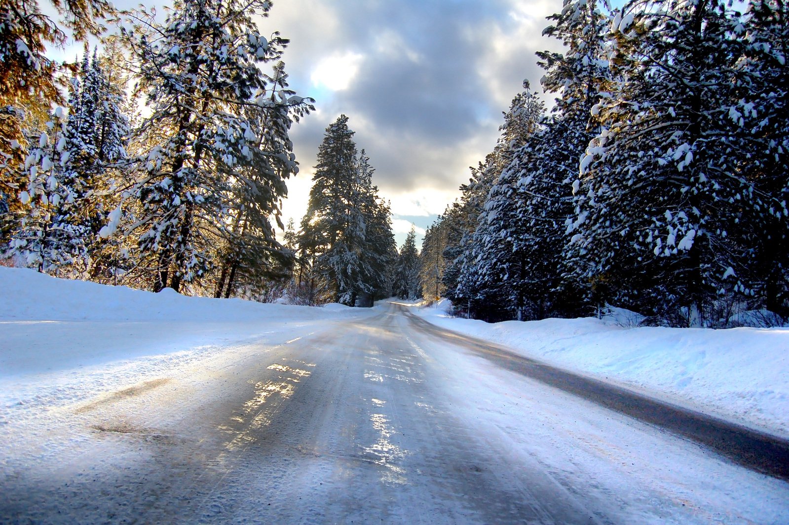 a road in the snow with some trees around