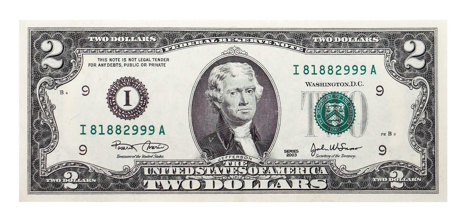 the two dollar bill is in front of a white background