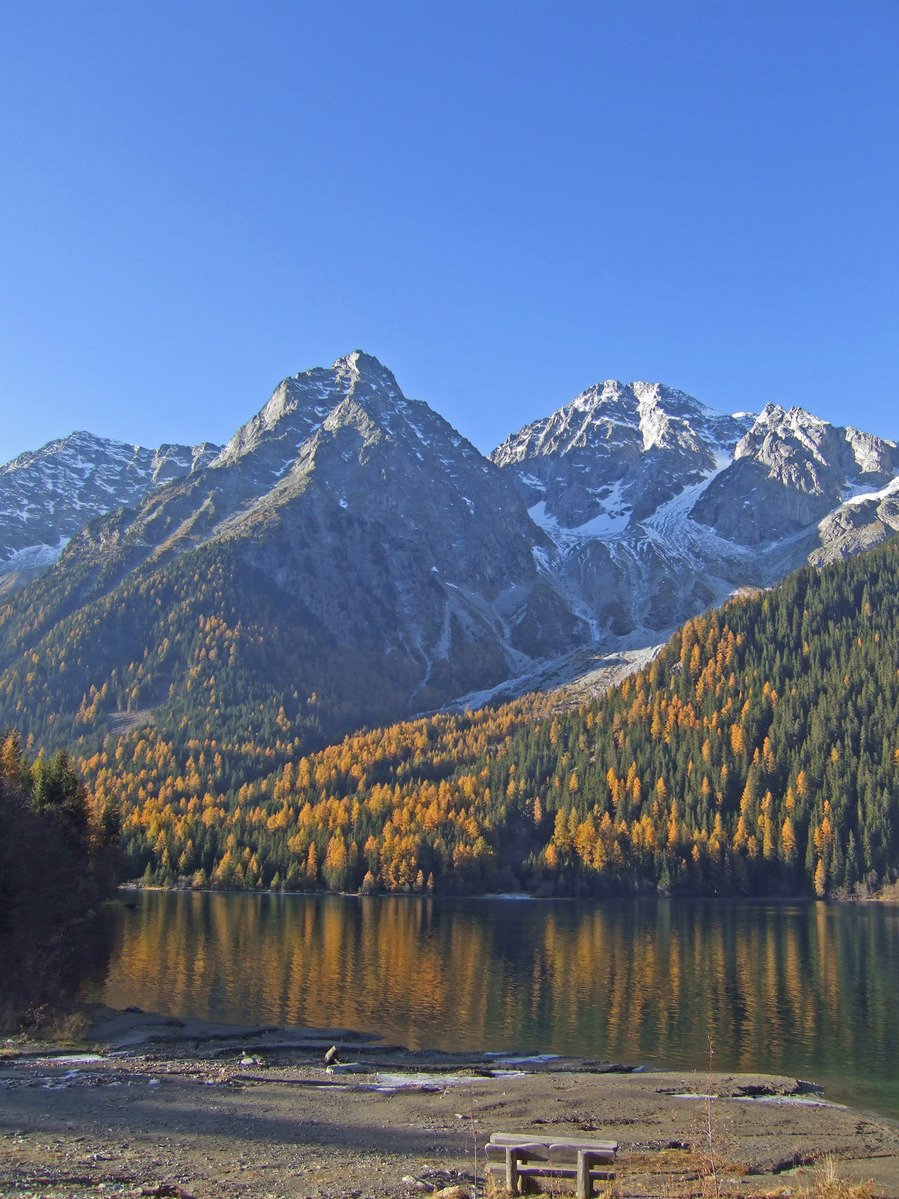 some mountains and trees near a lake
