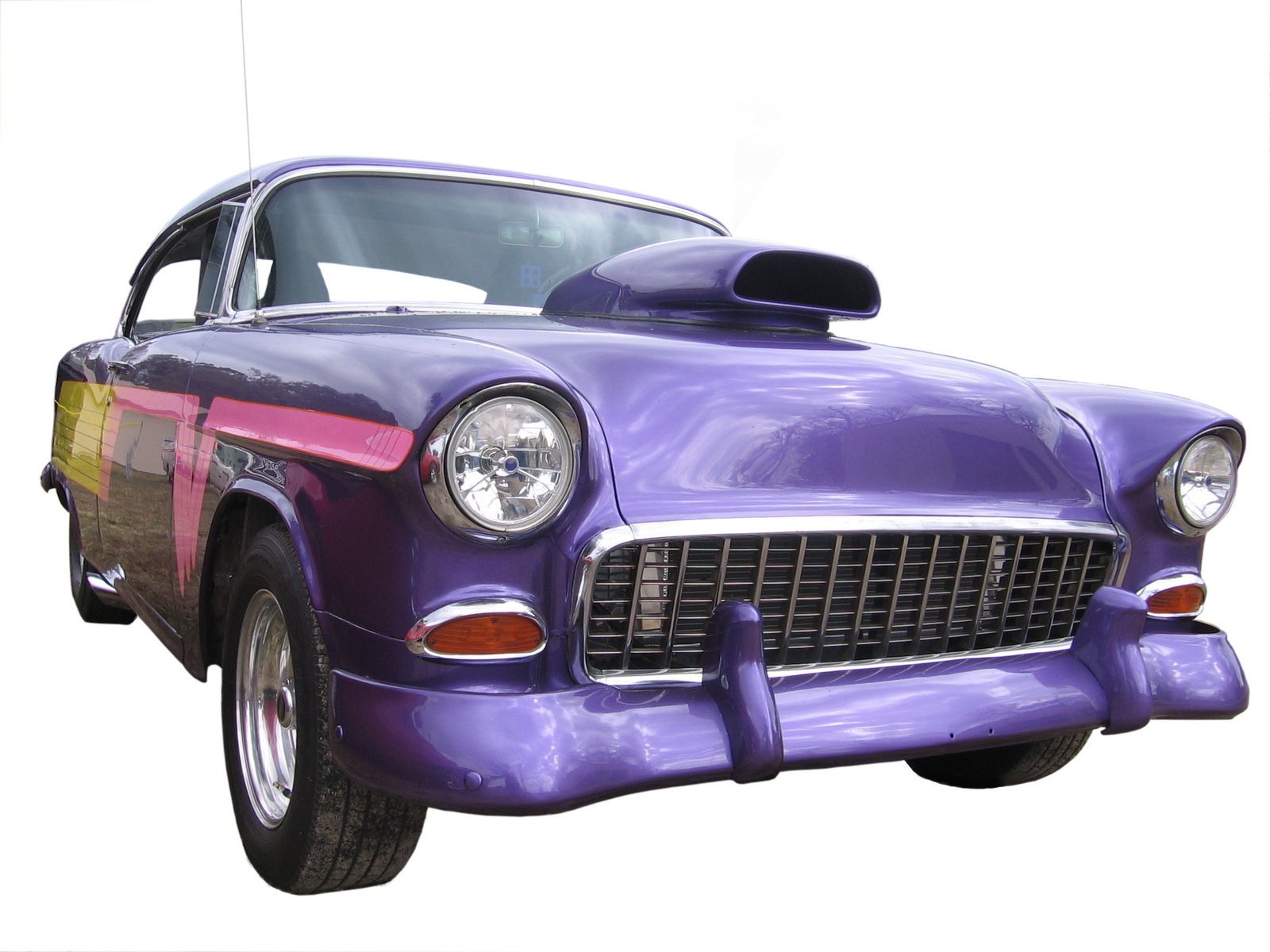 a very purple car with yellow on the front