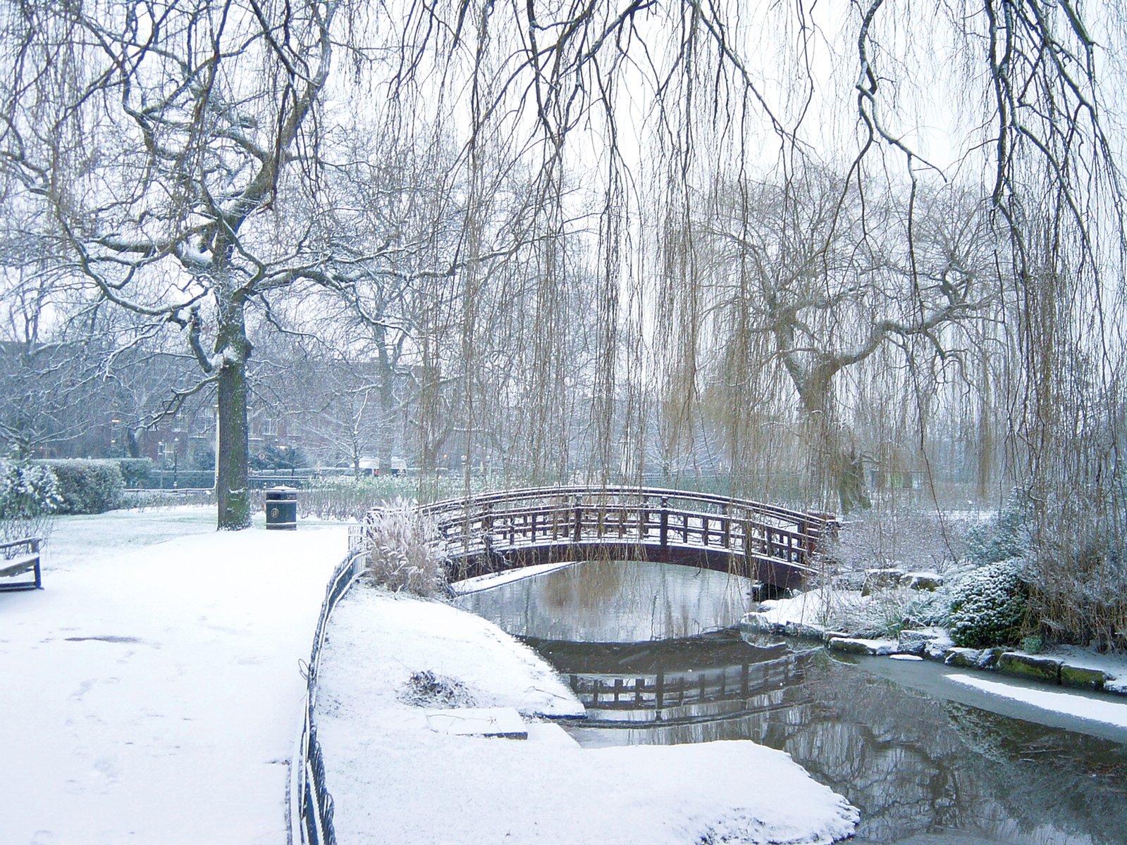 a snowy pond next to a bridge with benches underneath it