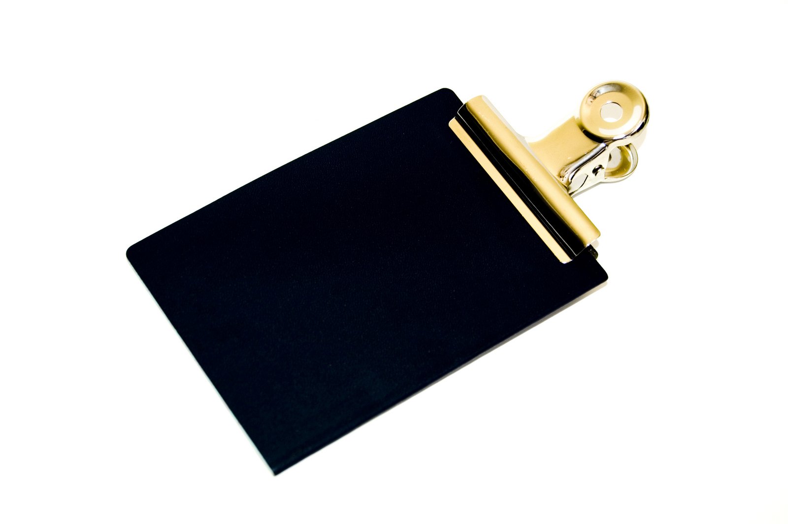 a black clipboard with a yellow handle and two holes