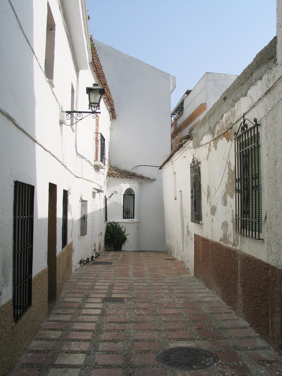 a narrow alley with tall buildings and brick pavement