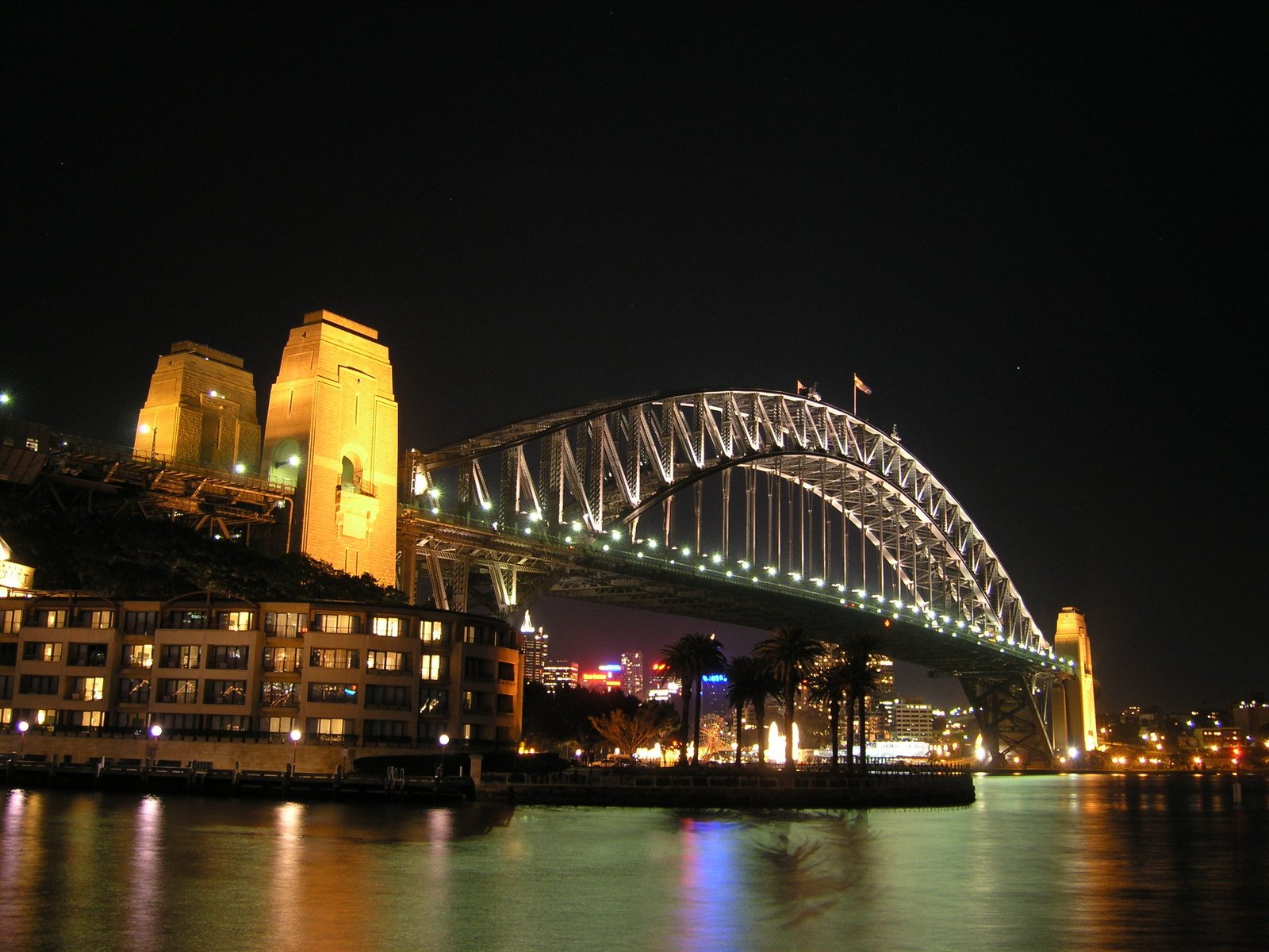 a nighttime po taken from a riverfront overlooking the sydney harbour bridge