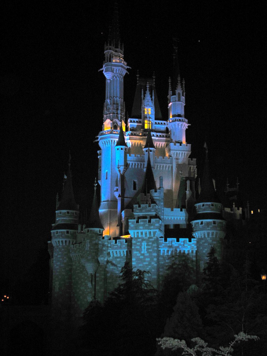 a lit up castle with blue light at night