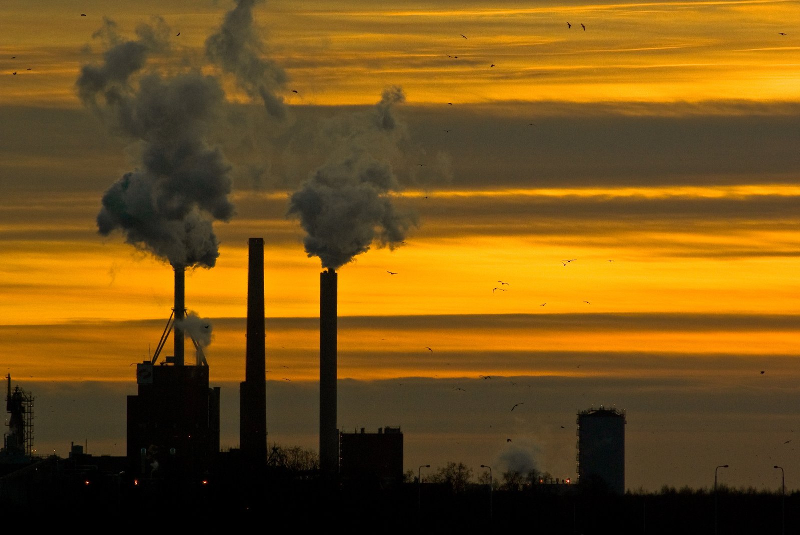 smoke stacks rising from factories in an industrial area