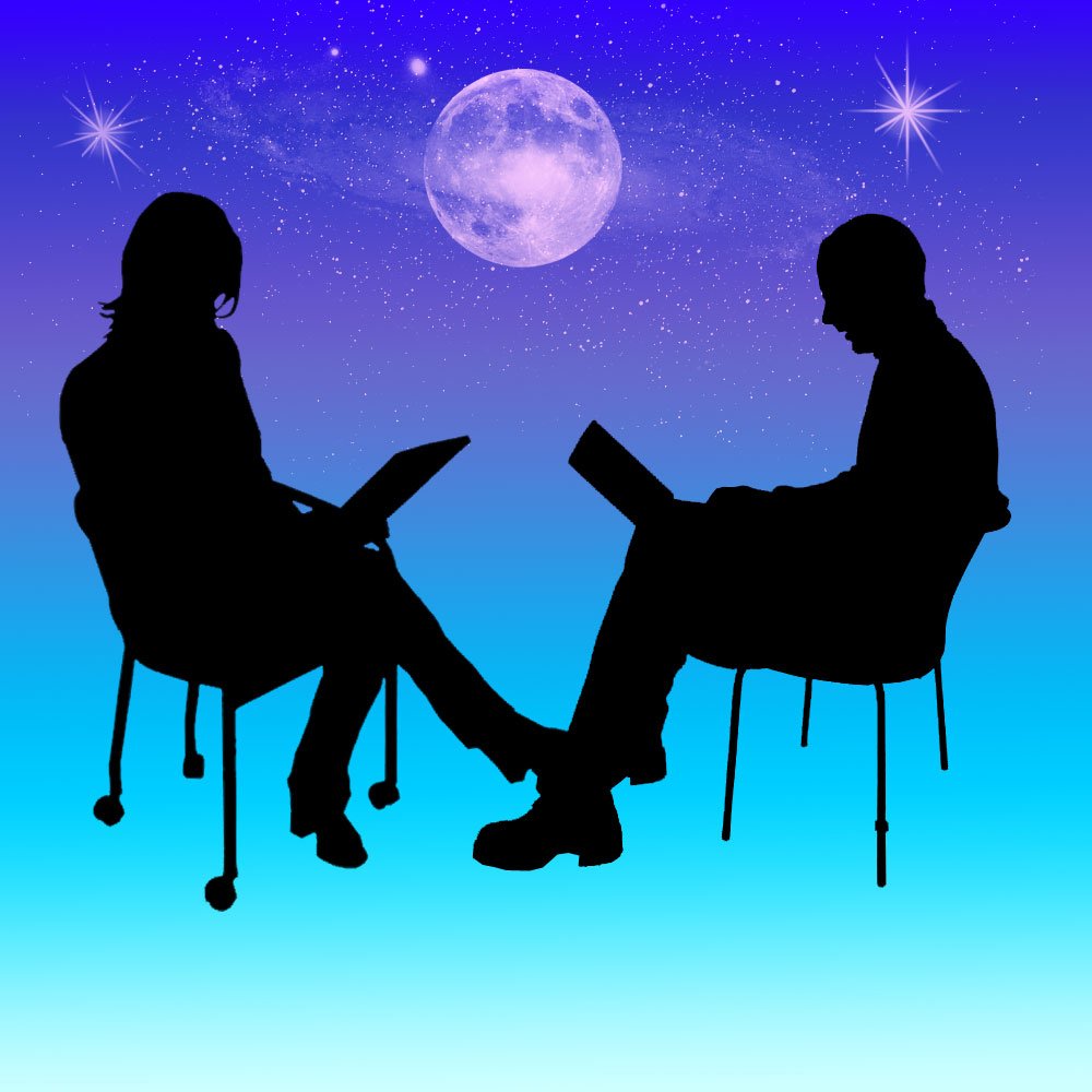 two people sitting on chairs with a full moon in the background