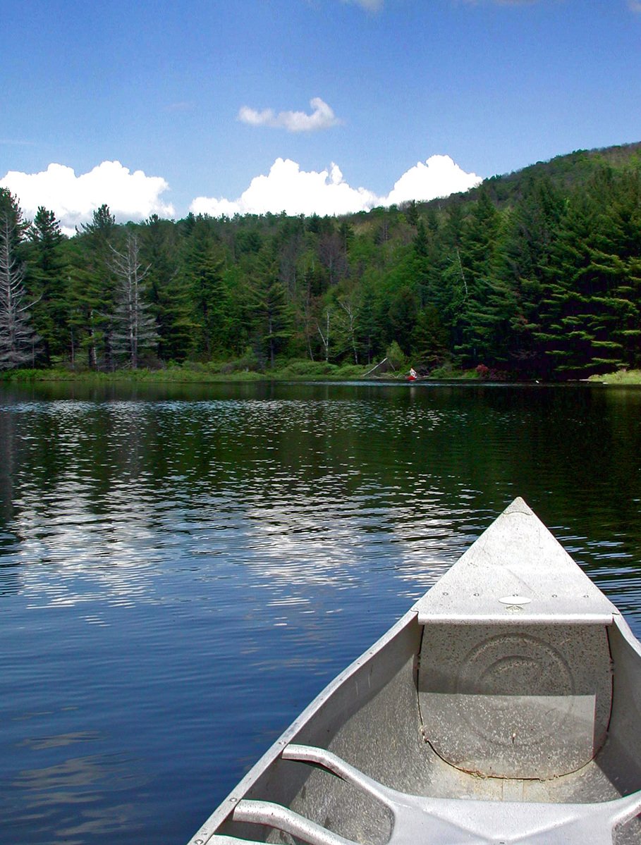 a canoe is on a lake near some trees