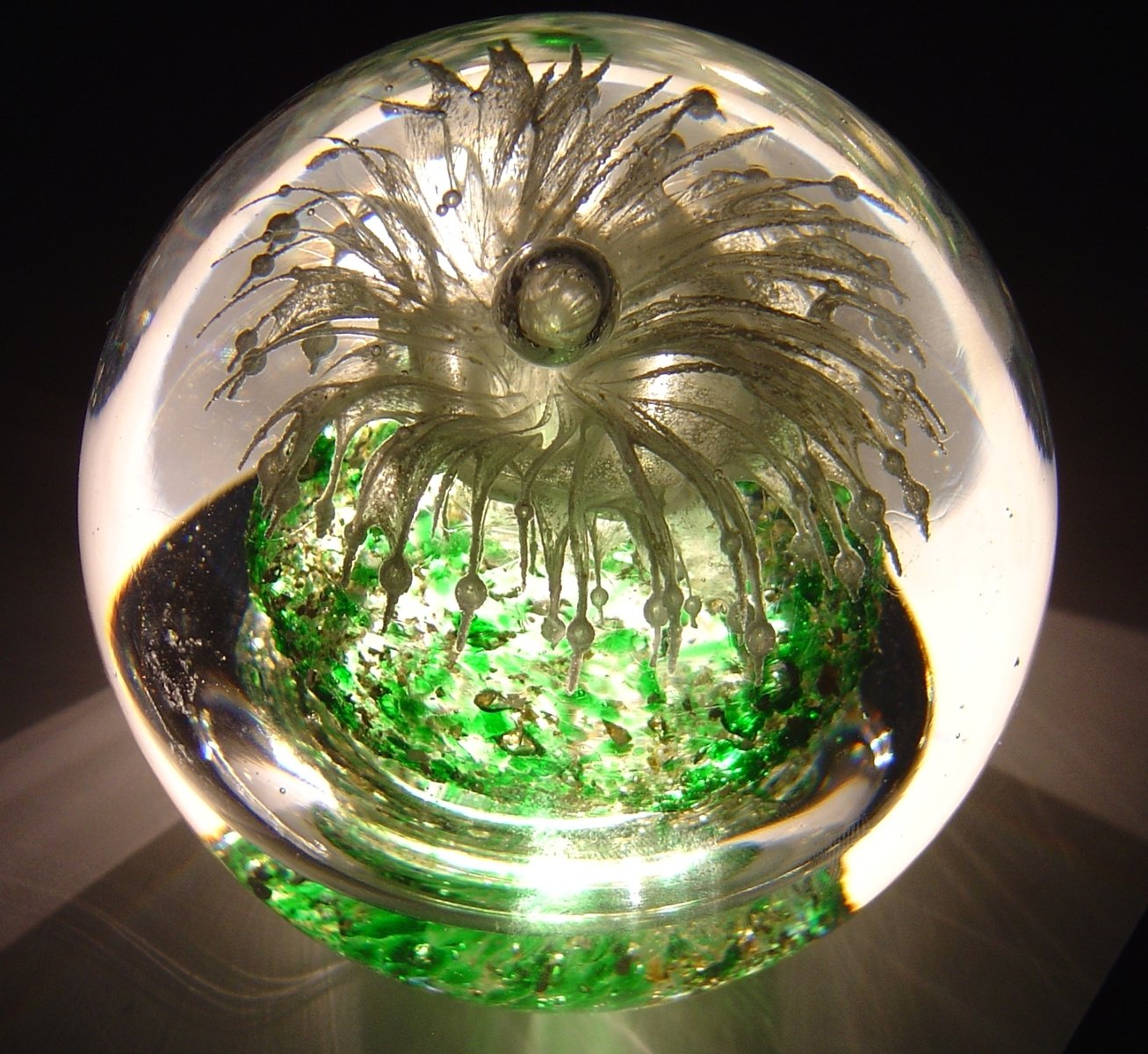 green and white things inside of a glass bowl