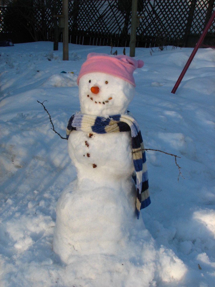 the snowman has a pink hat and scarf on