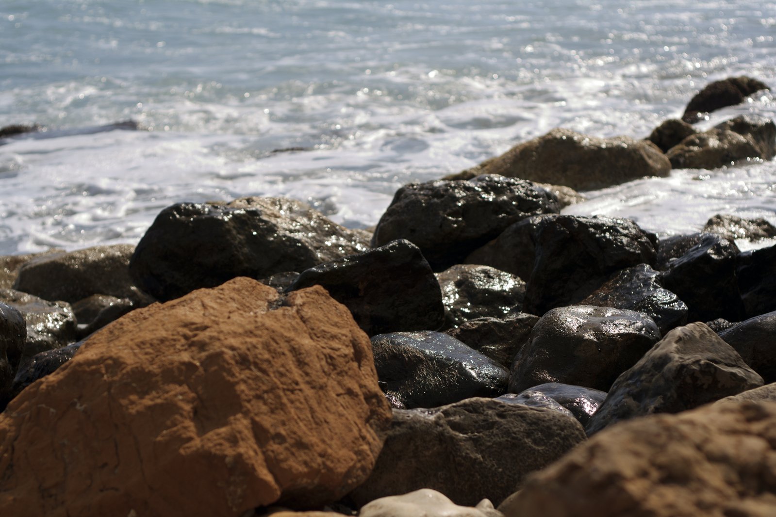 a closeup of a group of rocks at the beach