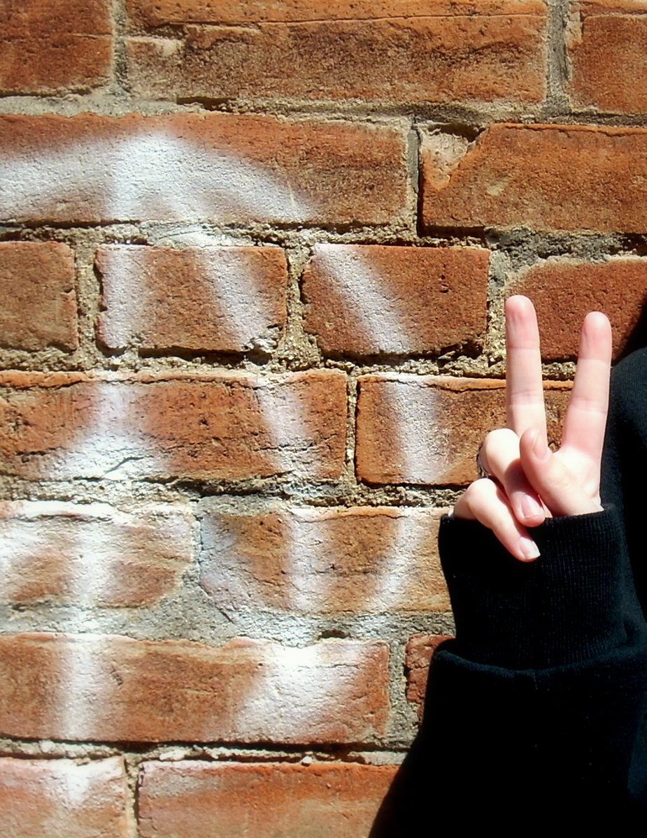 a person making a peace sign next to a brick wall