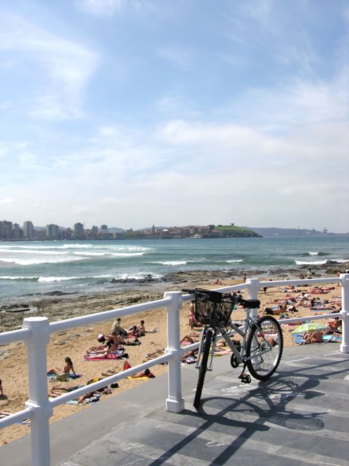 a bicycle parked up against a railing near the beach