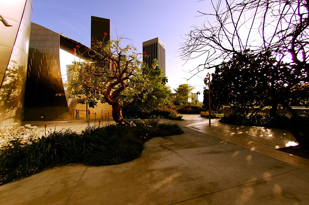 a walkway between two buildings on either side