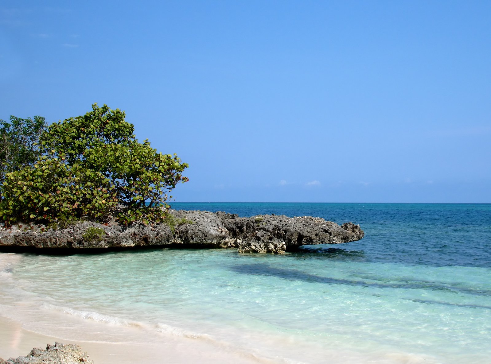 the beach with white sand and clear blue waters