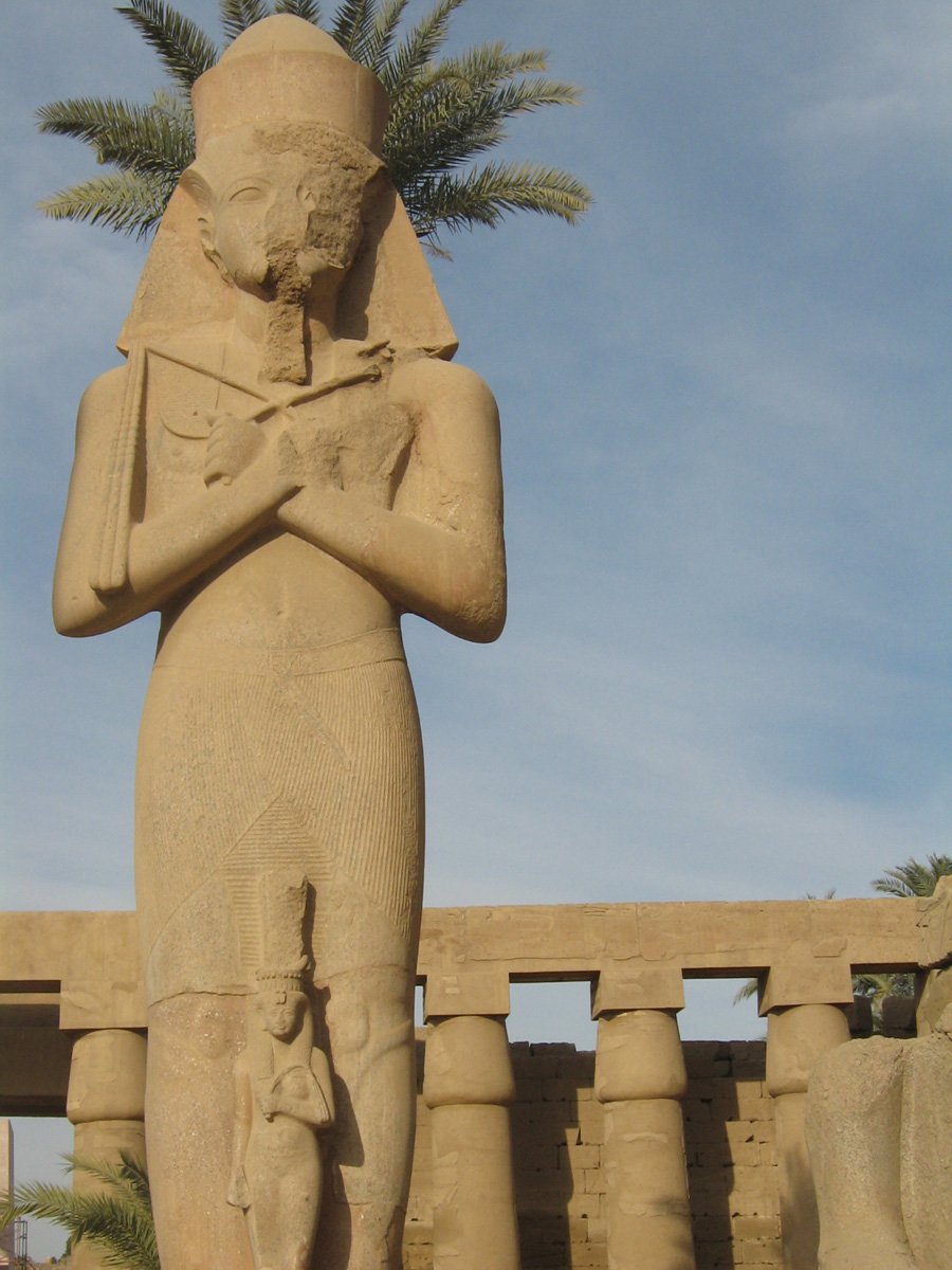 an ancient statue sits next to a palm tree