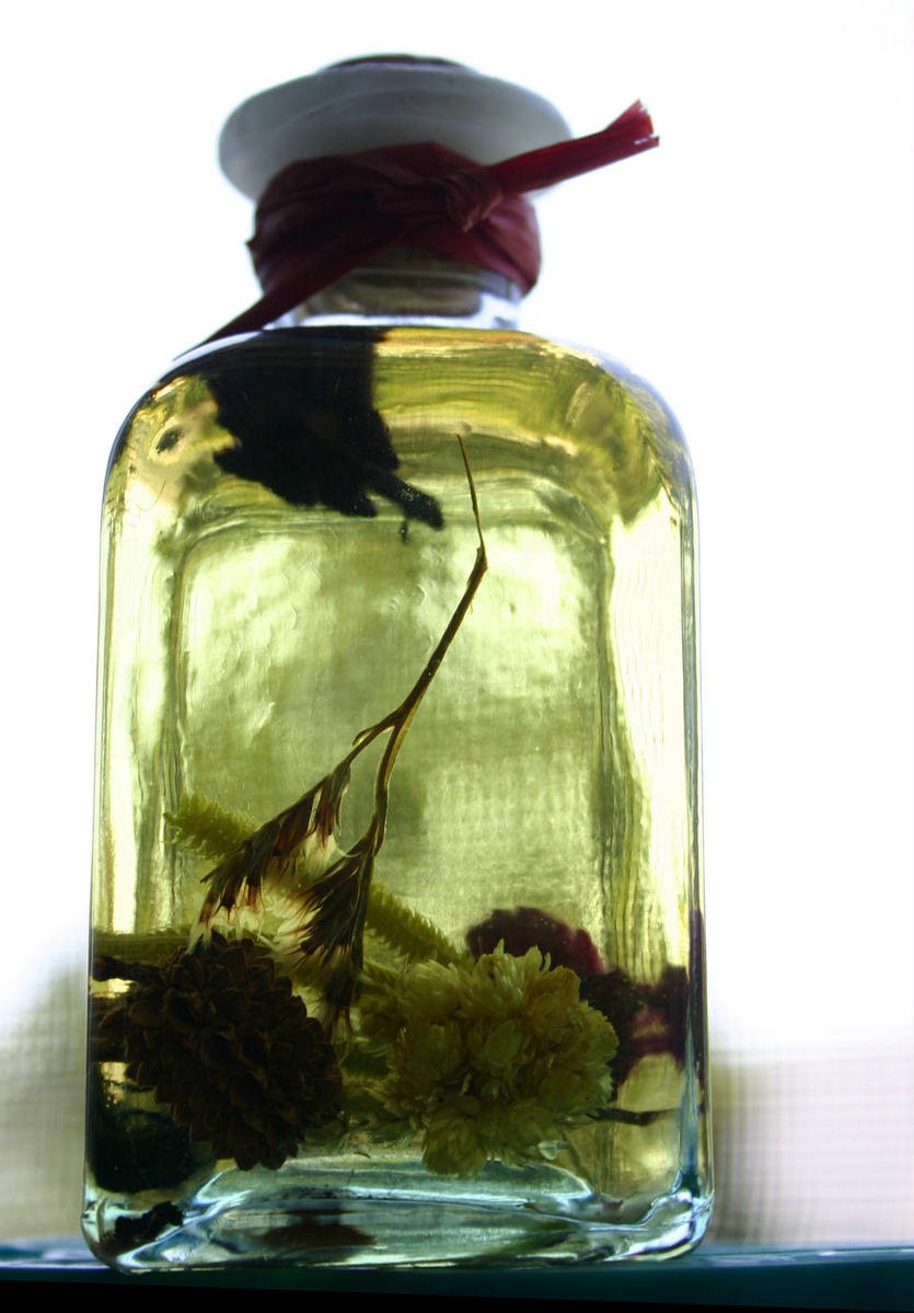 a glass jar holding a dried flower