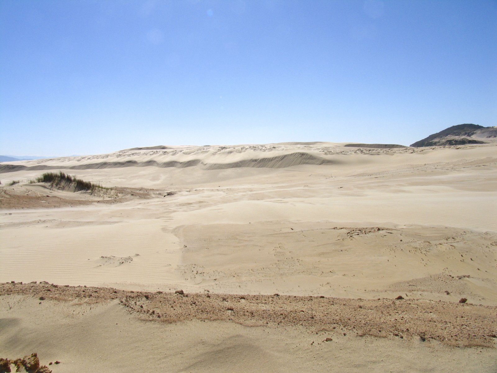 the view over an expanse of sand dunes and a hill in the distance