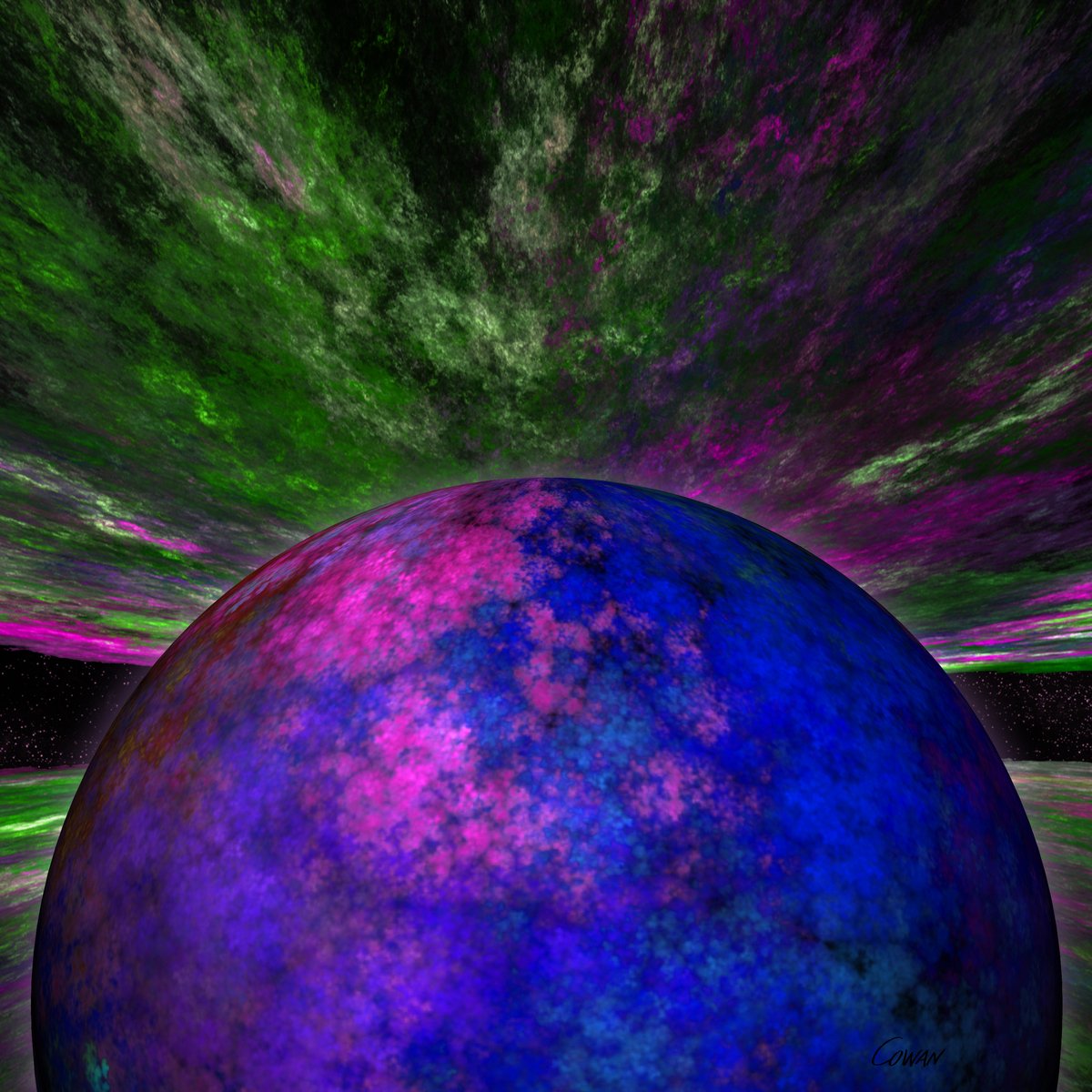 a planet is shown with colored clouds and stars